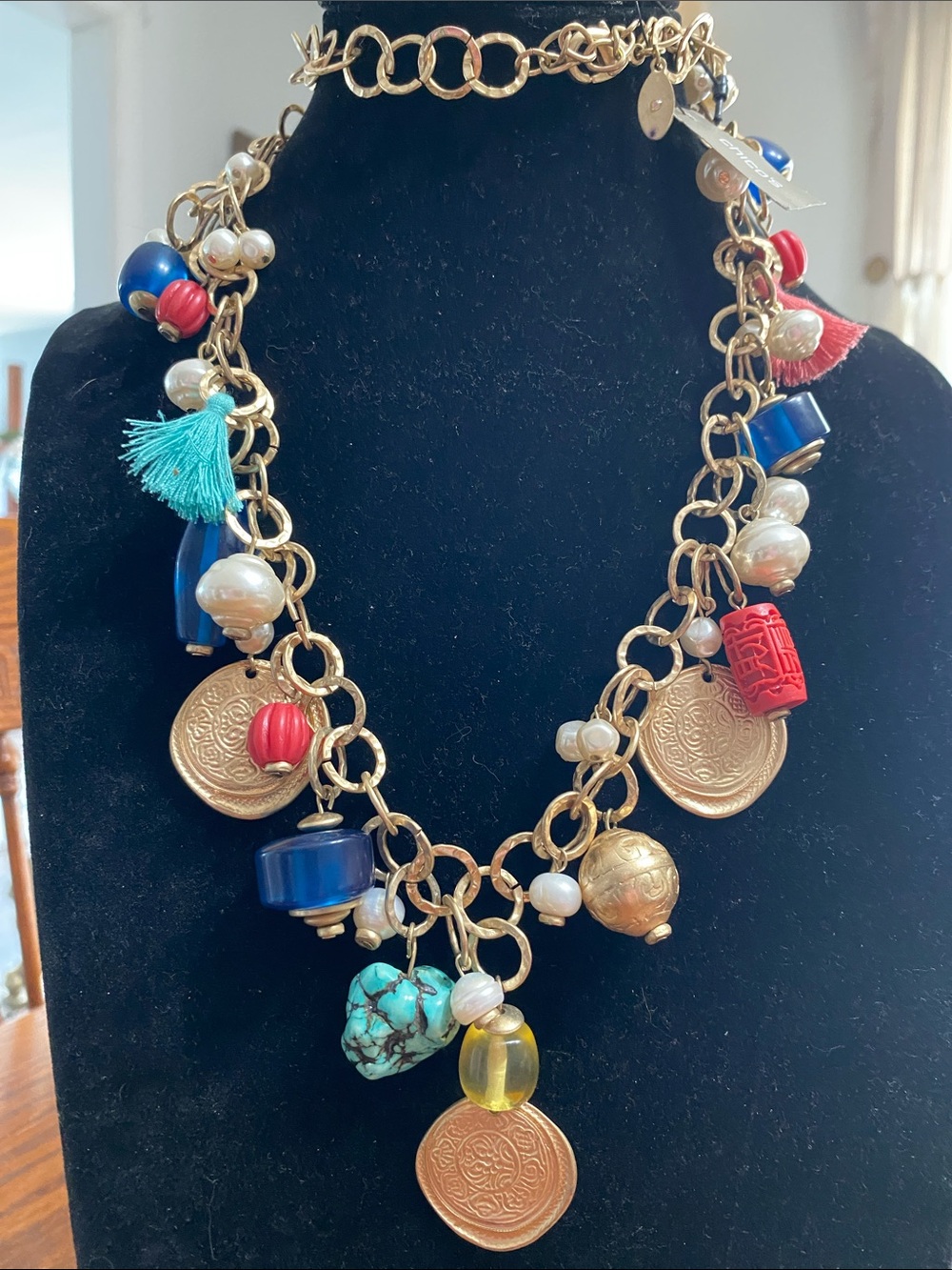 Chico's Gold-Tone Coin Necklace with Blue, Red, Turquoise and Yellow Accents